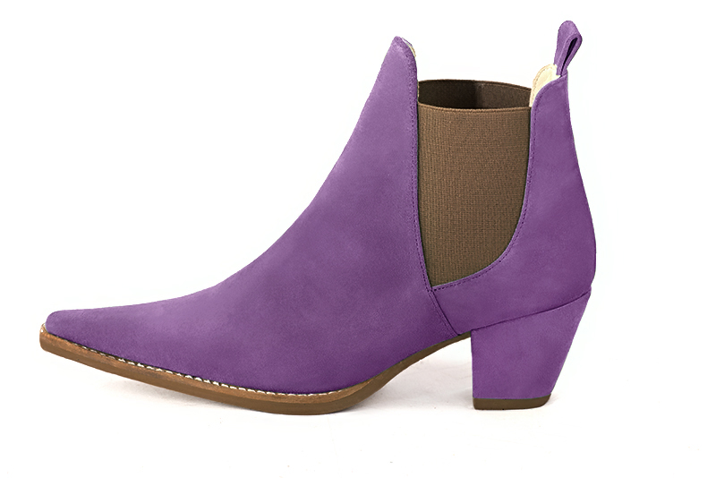 Amethyst purple and taupe brown women's ankle boots, with elastics. Pointed toe. Medium cone heels. Profile view - Florence KOOIJMAN